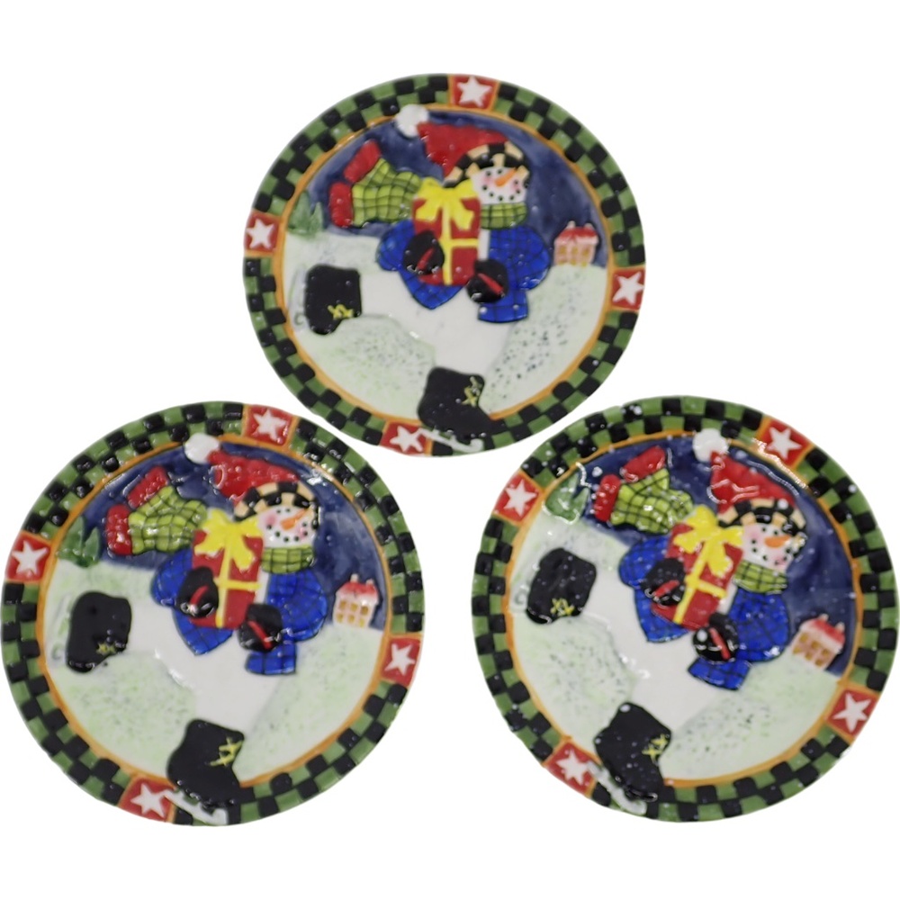 SNOWMAN CHRISTMAS Holiday Ceramic Plates 4" Cookie Treat Set of 3 Colorful Vtg